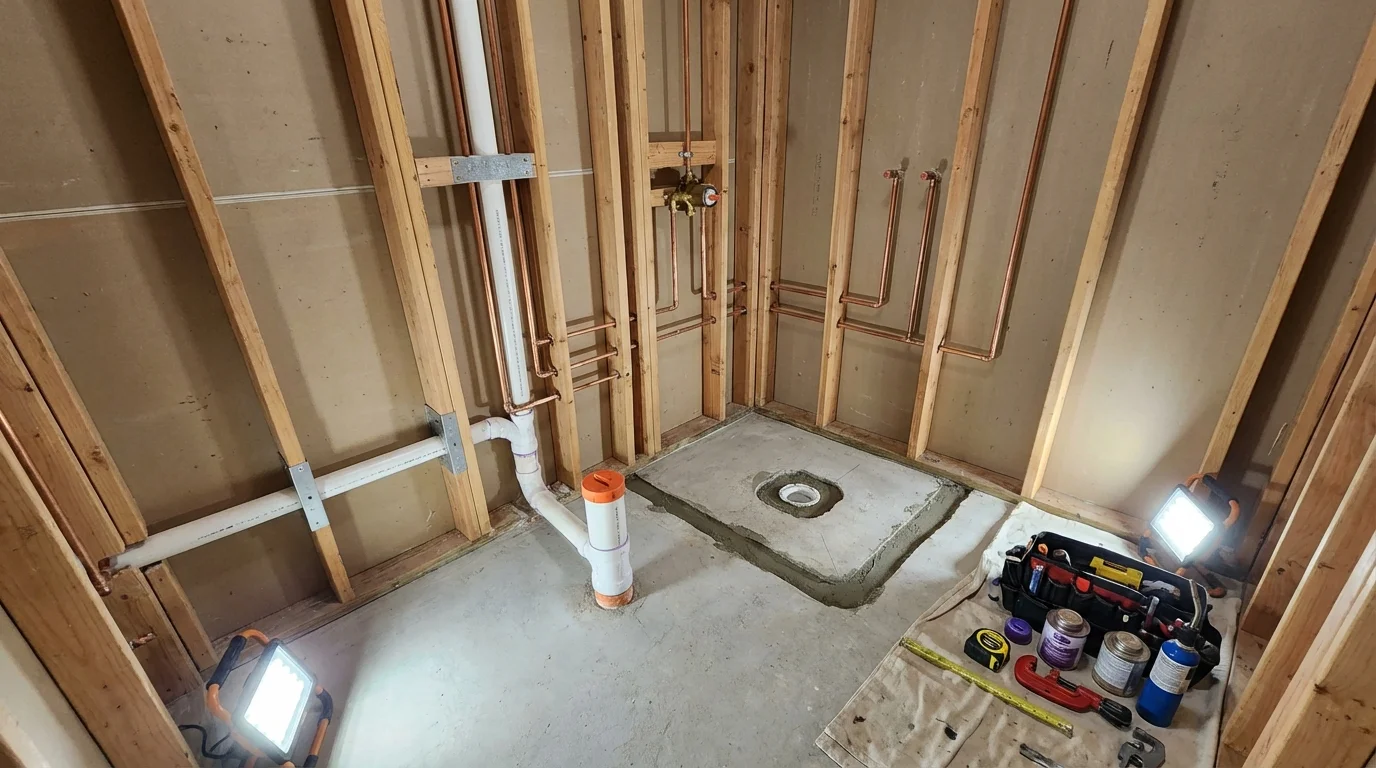 Bathroom rough-in plumbing during remodel by Johns Plumbing LLC in Laveen