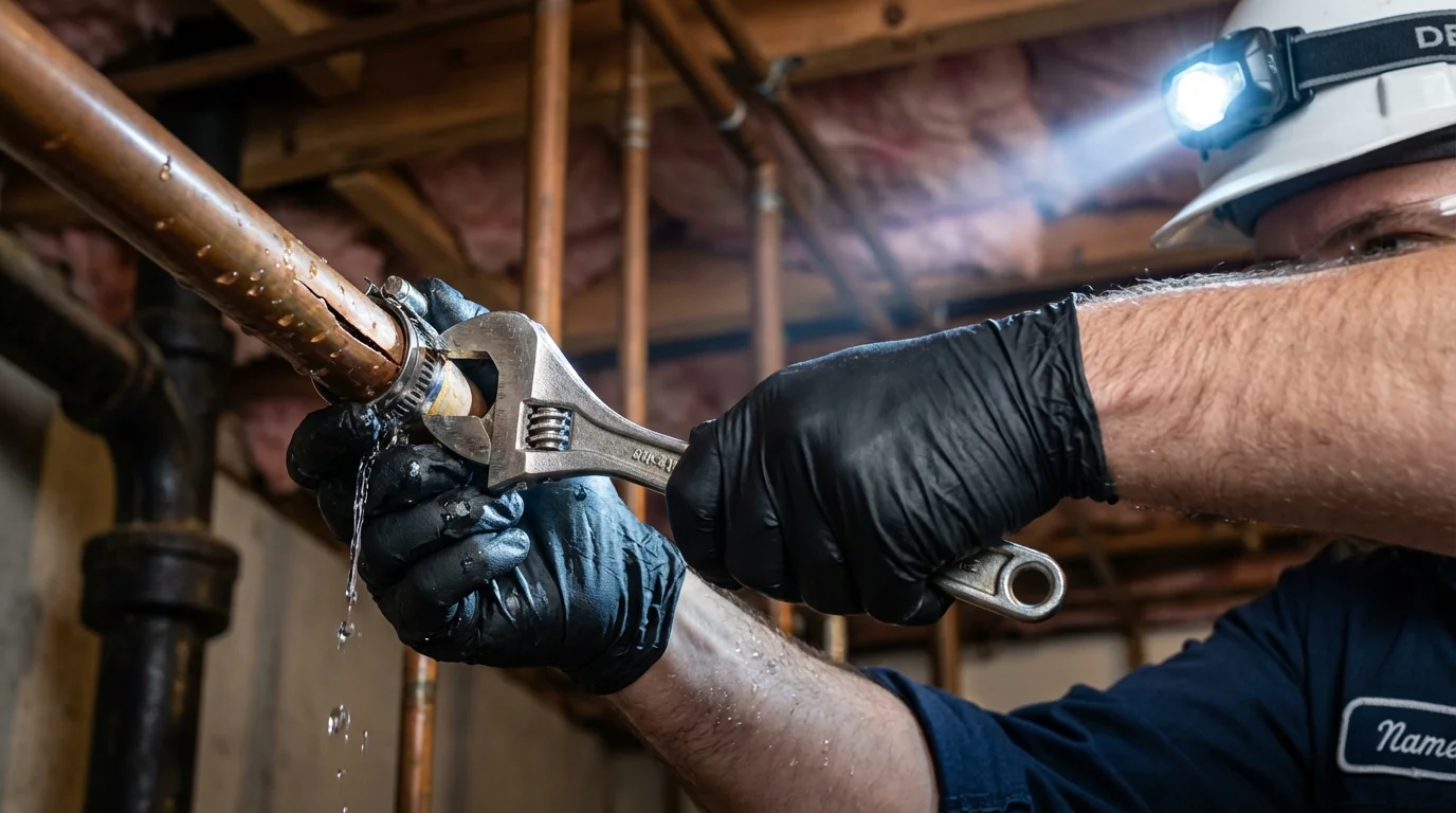 Emergency pipe clamp repair being performed by a Johns Plumbing LLC plumber in Laveen