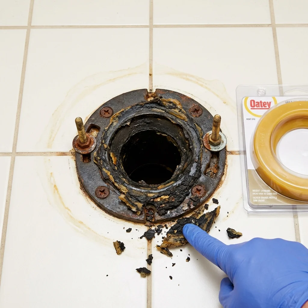 Failed wax ring showing water seepage at the base of a toilet in a Laveen, AZ home